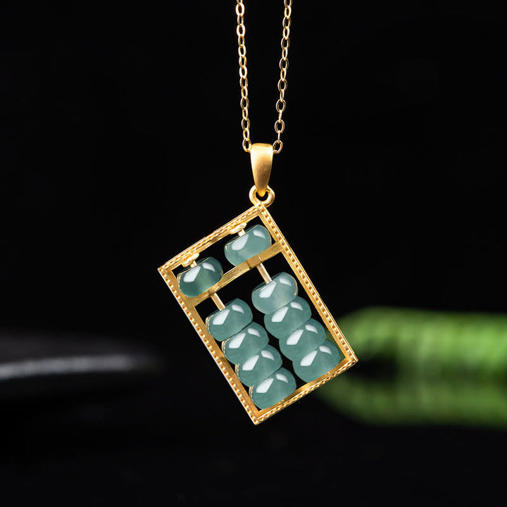 Buddha Stones Natural Jade Abacus Pattern Abundance Titanium Steel Chain Necklace Pendant - Gold - image 0