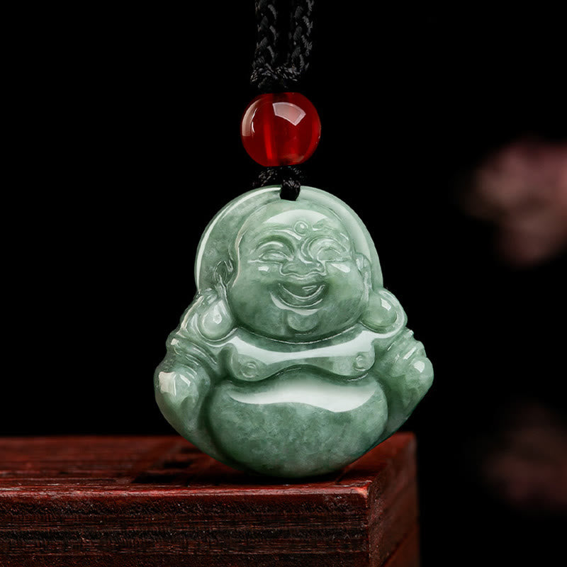 Buddha Stones Natural Green Jade Laughing Buddha Luck Abundance Necklace Pendant - image 2
