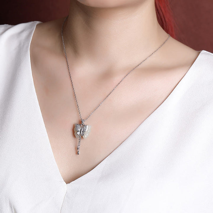 Buddha Stones 925 Sterling Silver Plated Gold Hetian White Jade Butterfly Blessing Necklace Pendant - image 11