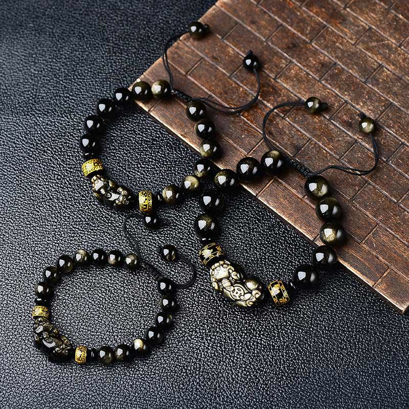 Buddha Stones Natural Gold Sheen Obsidian PiXiu Om Mani Padme Hum Wealth Braided Bracelet - image 1