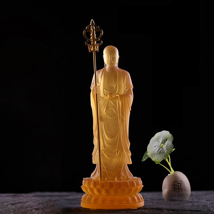 Buddha Stones Handmade Ksitigarbha Bodhisattva Figurine Liuli Crystal Art Piece Serenity Statue Home Decoration - Amber Color 7.8*7.8*20cm - image 1