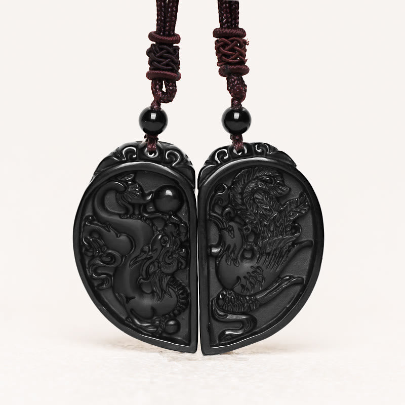 Buddha Stones Black Obsidian Love Dragon Phoenix Protection Necklace Pendant - image 1