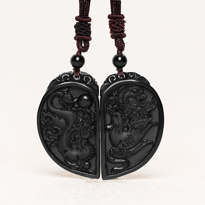 Buddha Stones Black Obsidian Love Dragon Phoenix Protection Necklace Pendant - image 1