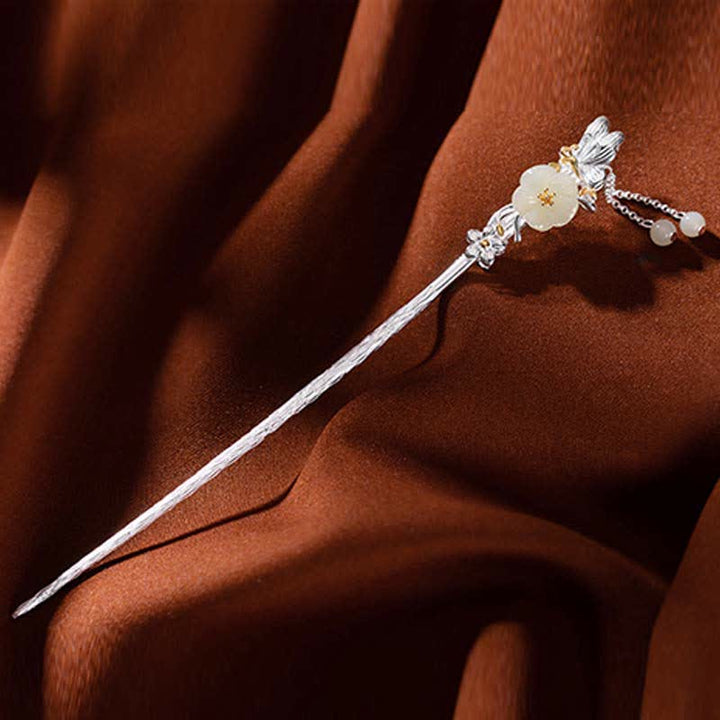 Buddha Stones 925 Sterling Silver Hetian White Jade Flower Blessing Hairpin - image 12