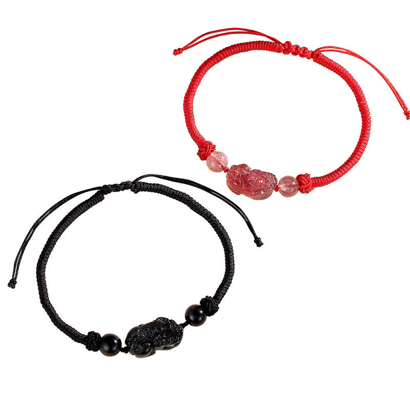 Buddha Stones Handmade Natural Silver Sheen Obsidian Strawberry Quartz PiXiu Protection Braided Bracelet - image 11