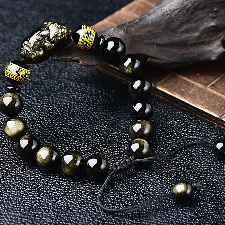Buddha Stones Natural Gold Sheen Obsidian PiXiu Om Mani Padme Hum Wealth Braided Bracelet - image 7