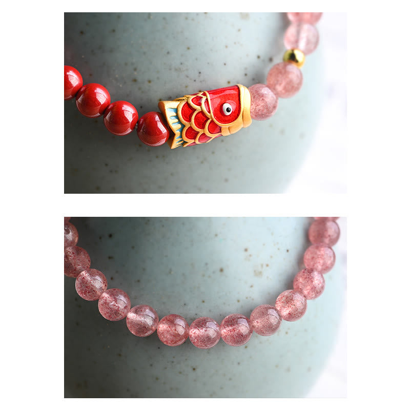 Buddha Stones Natural Strawberry Quartz Cinnabar Lucky Koi Fish Healing Bracelet - image 9