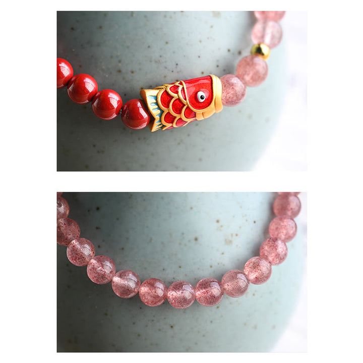 Buddha Stones Natural Strawberry Quartz Cinnabar Lucky Koi Fish Healing Bracelet - image 9