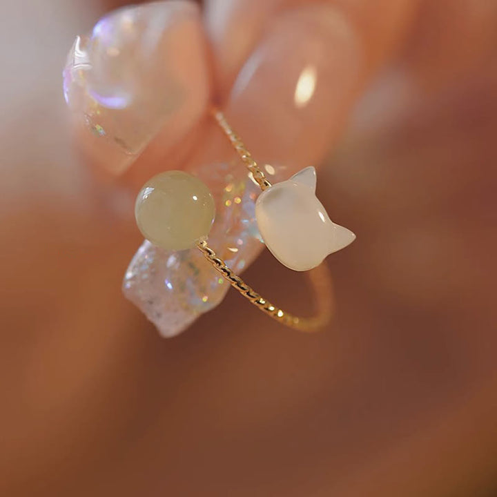 Buddha Stones Tridacna Stone Cat Head Jade Bead Blessing Ring - image 1