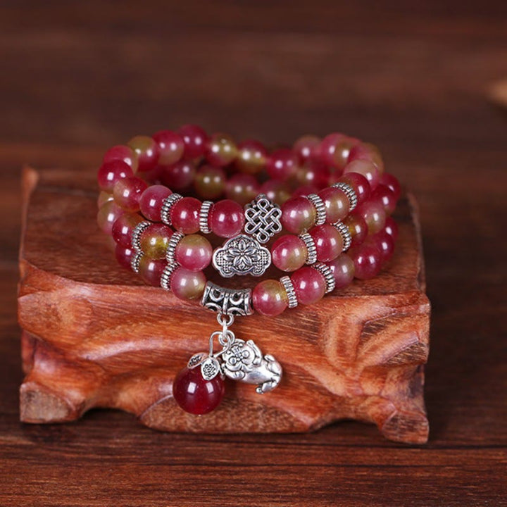 Buddha Stones Natural Watermelon Tourmaline PiXiu Elephant Positive Triple Wrap Bracelet - 8mm Watermelon Tourmaline PiXiu - image 0