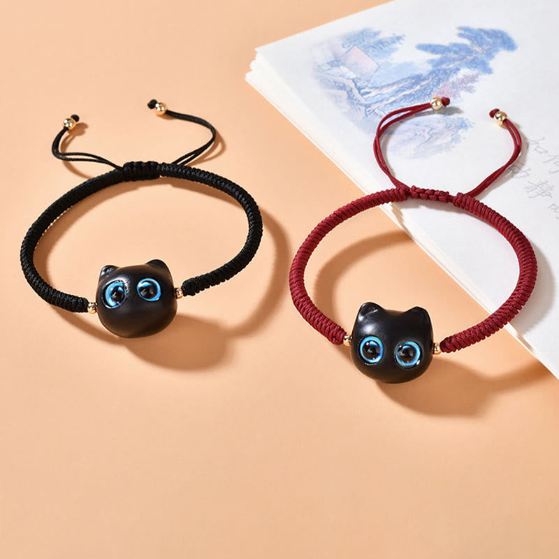 Buddha Stones Ebony Wood Cat Head Pattern Peace King Kong Knot Braided Bracelet - image 1