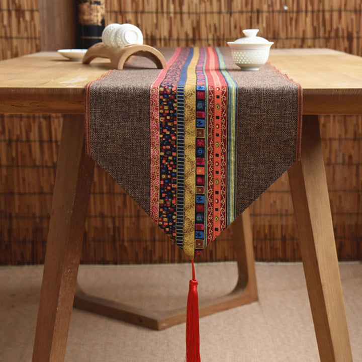 Buddha Stones Classic Chinese Style Lotus Koi Fish Flower Crane Calligraphy Enlightenment Cotton Linen Tassels Table Runner - image 12