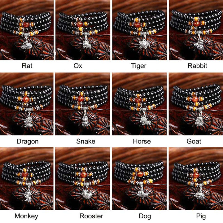 Chinese Zodiac 108 Beads Black Obsidian Tiger Eye Fortune Mala Bracelet - Black Obsidian&Tiger Eye - Pig - image 2