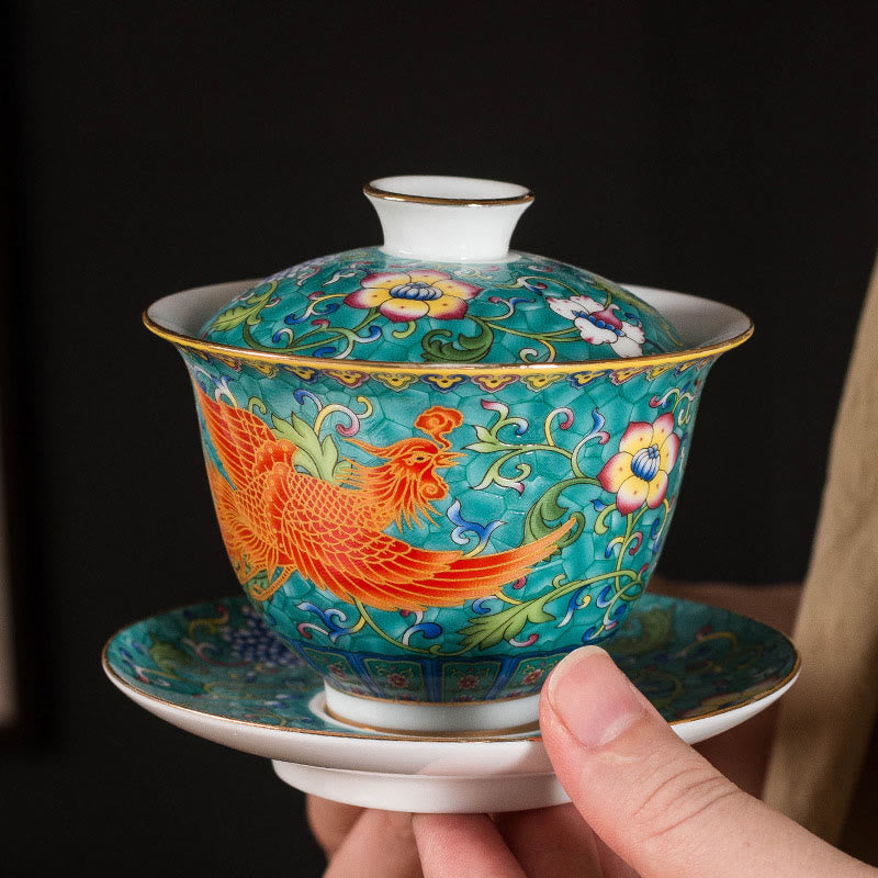 Buddha Stones Dragon Phoenix Flower Design Ceramic Gaiwan Sancai Teacup Kung Fu Tea Cup And Saucer With Lid - Green - Phoenix 9.5cm*9.3cm*160ml - image 0