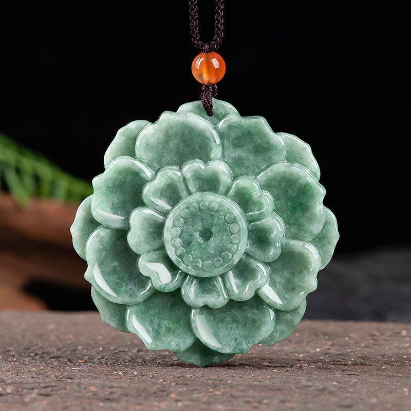 Buddha Stones Lotus Pattern Jade Luck Prosperity Necklace Pendant - Jade - image 0