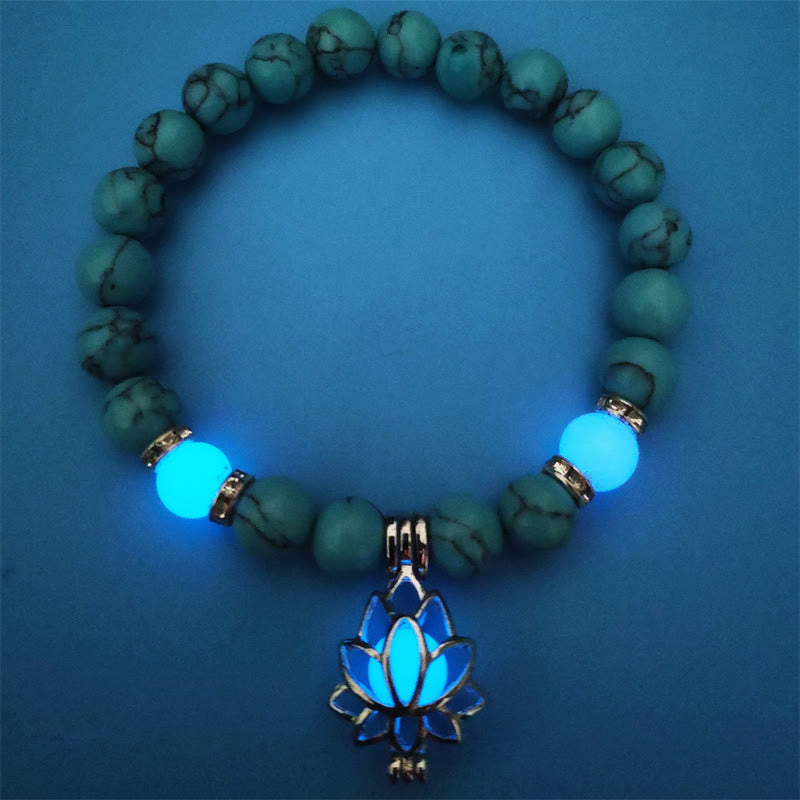 Buddha Stones Tibetan Turquoise Glowstone Luminous Bead Lotus Protection Bracelet - Blue Turquoise&Blue Glowstone - image 15