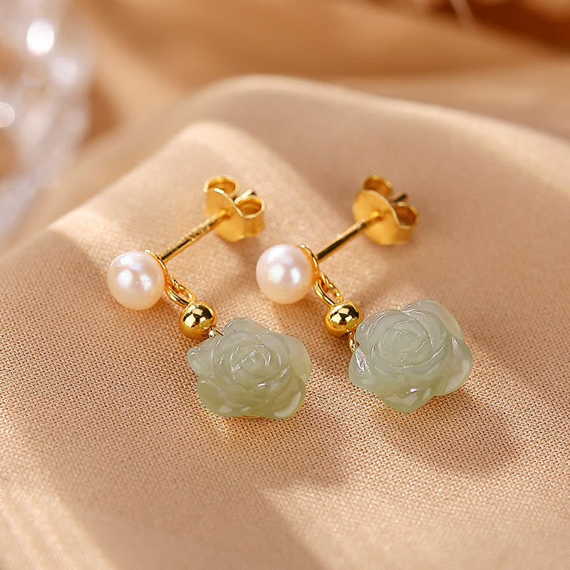 Buddha Stones 925 Sterling Silver Plated Gold Jade Rose Flower Cyan Jade Pearl Luck Earrings - image 11