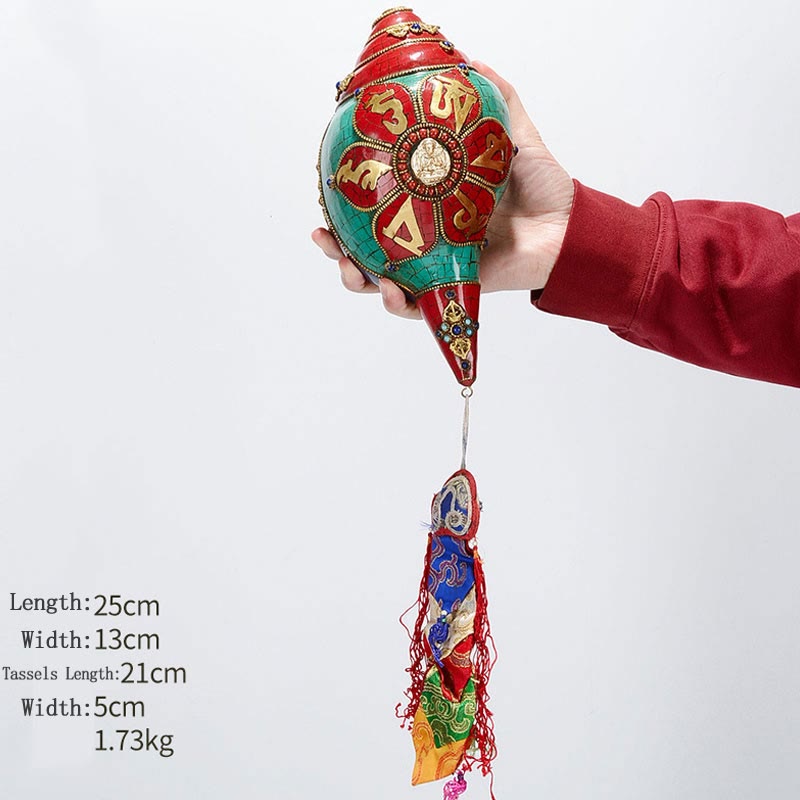 Tibetan Handmade Shankha Om Mani Padme Hum Buddha Avalokitesvara Turquoise Conch Shell Positive Decoration - Om Mani Padme Hum-Four-armed Avalokitesvara 25*13cm - image 26