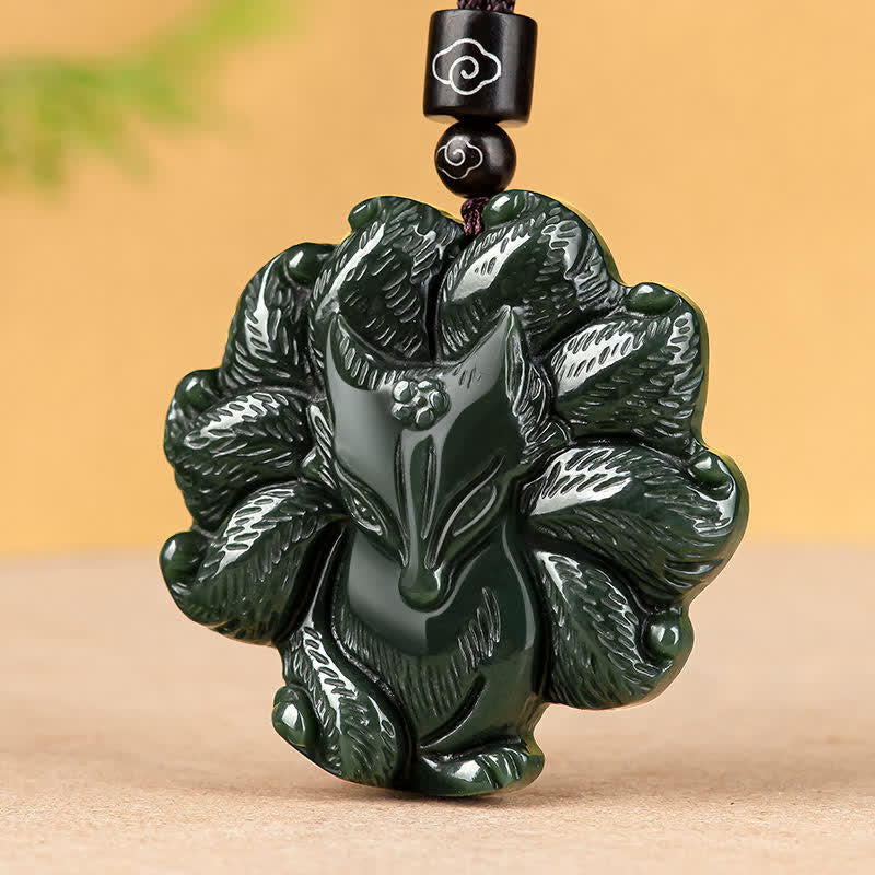 Hetian Cyan Jade Nine Tailed Fox Luck Necklace String Pendant - image 7