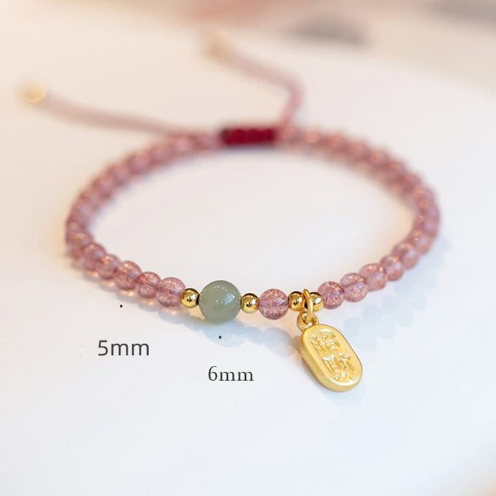 Buddha Stones Natural Strawberry Quartz Garnet Jade Lucky Fortune Fu Character Healing Charm Bracelet - image 8