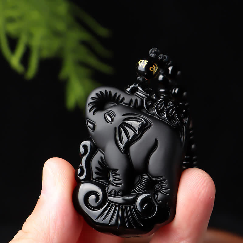 Black Obsidian Elephant Protection String Necklace Pendant Key Chain - image 1