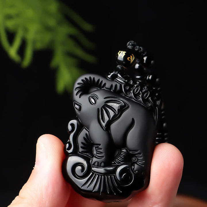 Black Obsidian Elephant Protection String Necklace Pendant Key Chain - image 1