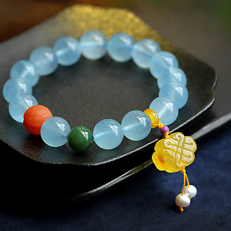 Buddha Stones Natural Aquamarine Amber Chinese Knotting Charm Peace Bracelet - image 6