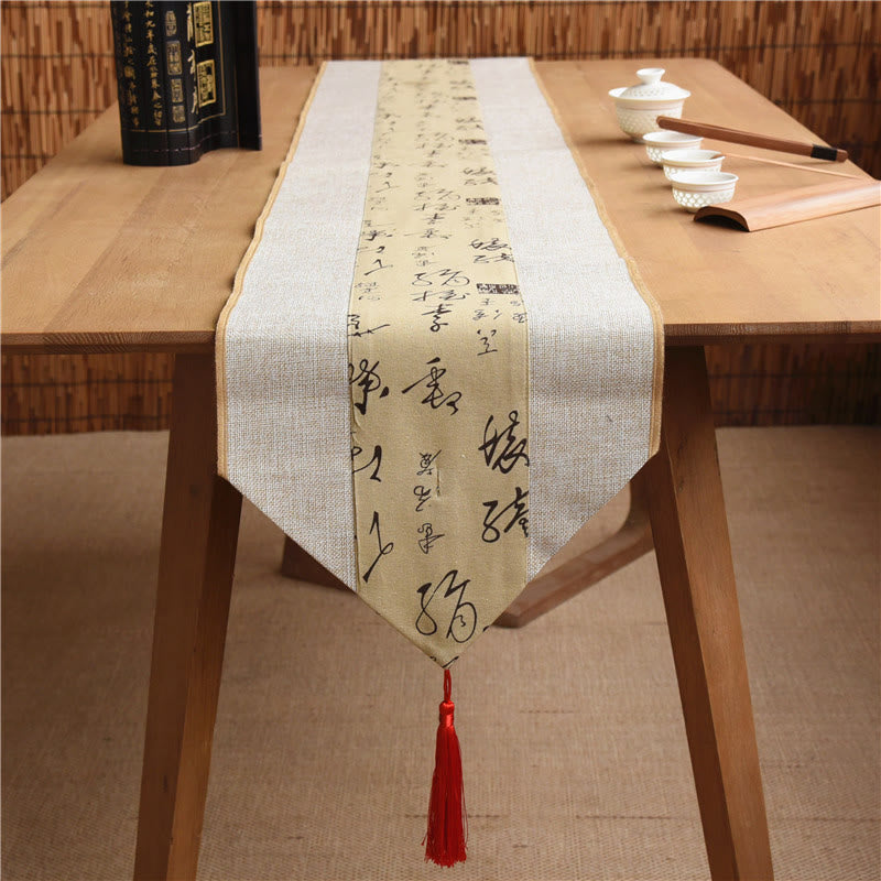 Buddha Stones Classic Chinese Style Lotus Koi Fish Flower Crane Calligraphy Enlightenment Cotton Linen Tassels Table Runner - Beige Yellow Calligraphy - 30*180cm - image 33
