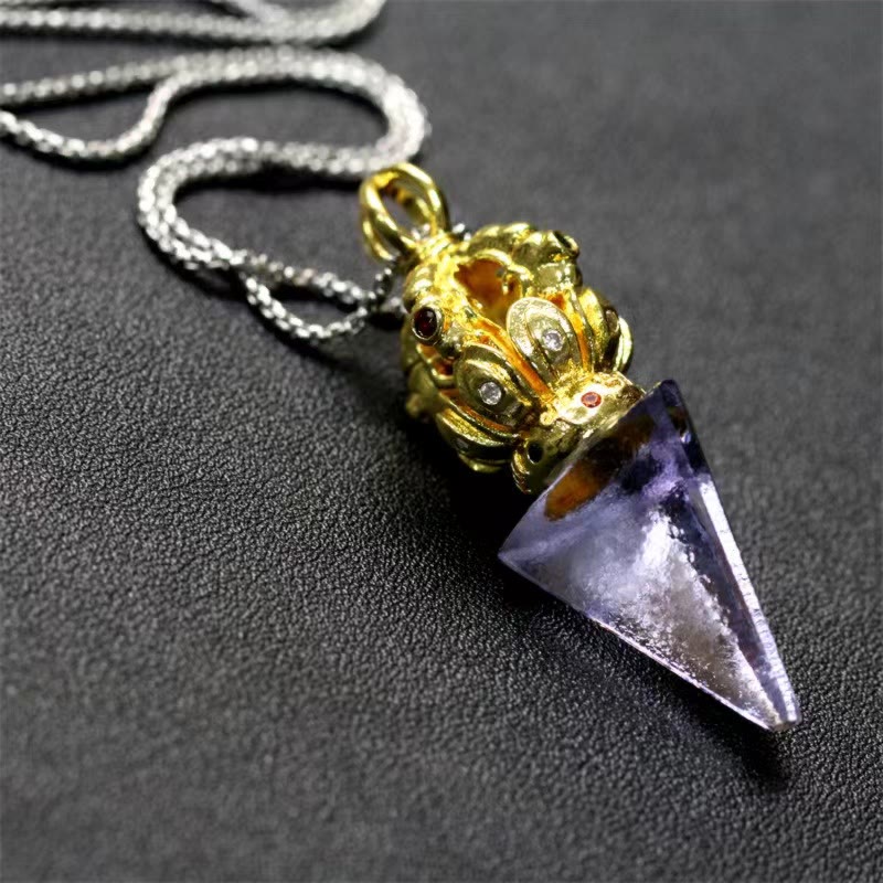 Buddha Stones Tibetan Dorje Vajra 4 Prong Lotus Liuli Crystal Strength Necklace Pendant - Purple Dorje - image 11