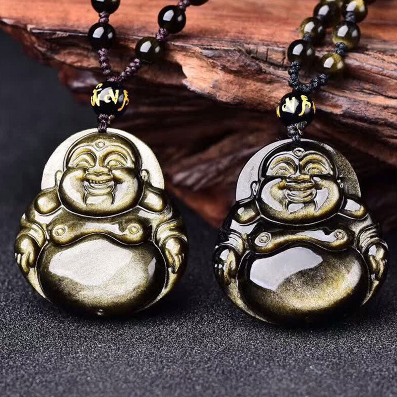 Buddha Stones Laughing Buddha Gold Sheen Obsidian Wealth Necklace Pendant - image 1