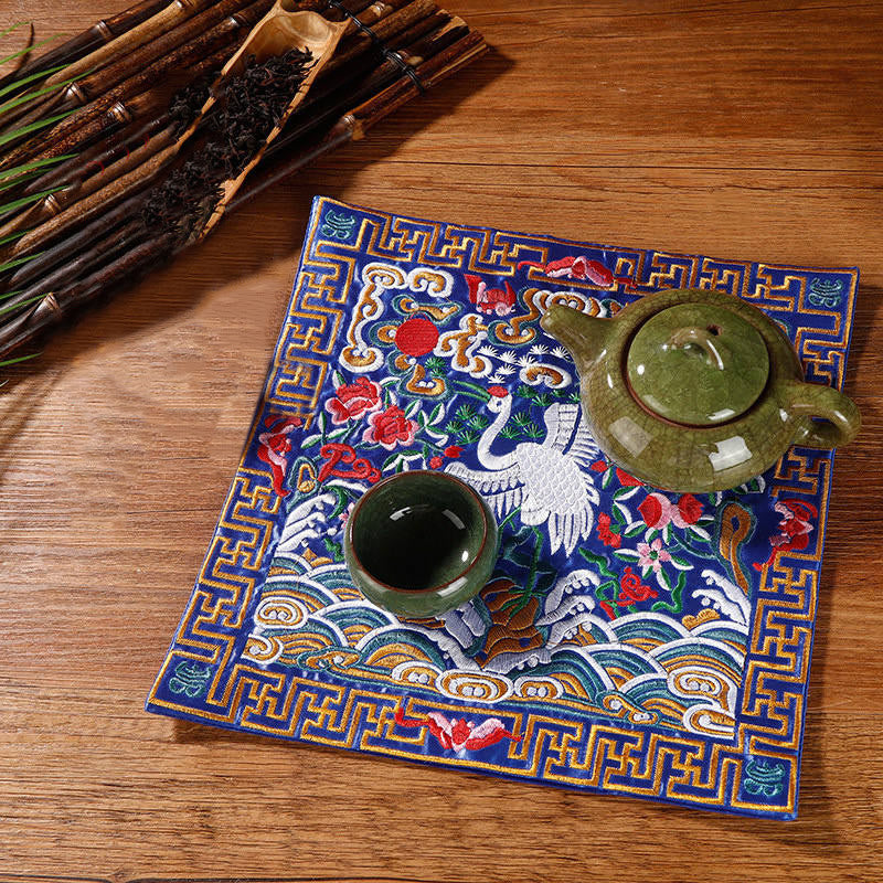 Buddha Stones Crane Phoenix Dragon Kirin Embroidered Cup Mat Pad Tea Cup Coaster Square Kung Fu Tea Mat - Blue Crane - image 0