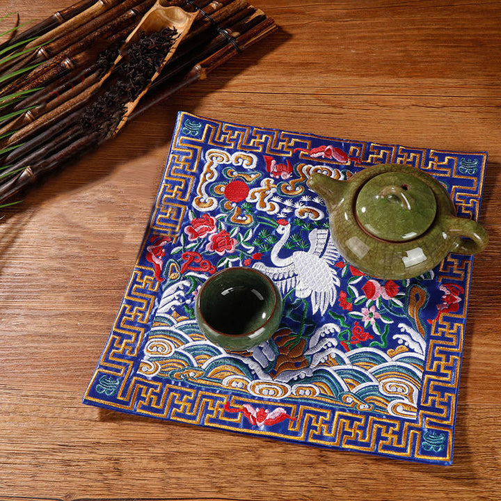 Buddha Stones Crane Phoenix Dragon Kirin Embroidered Cup Mat Pad Tea Cup Coaster Square Kung Fu Tea Mat - Blue Crane - image 0
