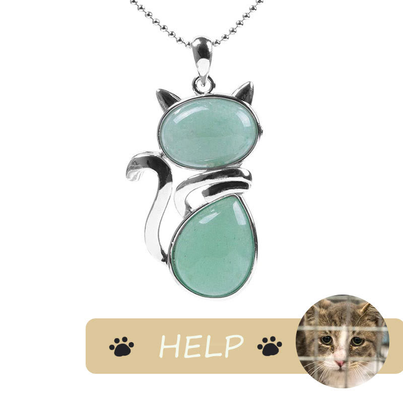 "Save A Cat" Cute Cat Pattern Natural Crystal Protection Cat-Loving Pendant Necklace - Green Aventurine - image 2