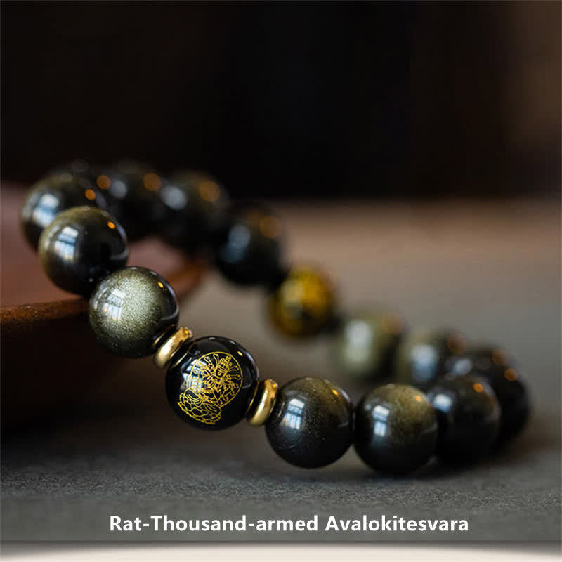 Buddha Stones Chinese Zodiac Natal Buddha Gold Sheen Obsidian Wealth Protection Bracelet - Rat-Thousand-armed Avalokitesvara - image 1
