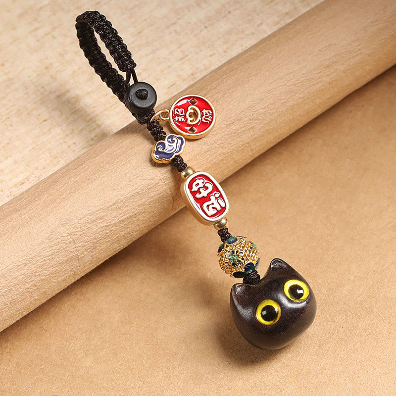 Buddha Stones Ebony Wood Lucky Cat Auspicious Cloud Peace Key Chain Phone Hanging Decoration - Yellow Eyes Cat - Key Chain - image 3