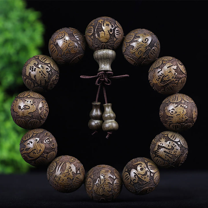 Buddha Stones Chinese Zodiac Rosewood Ebony Copper Coin PiXiu Carved Warmth Bracelet - Ebony 12 Zodiac - image 15