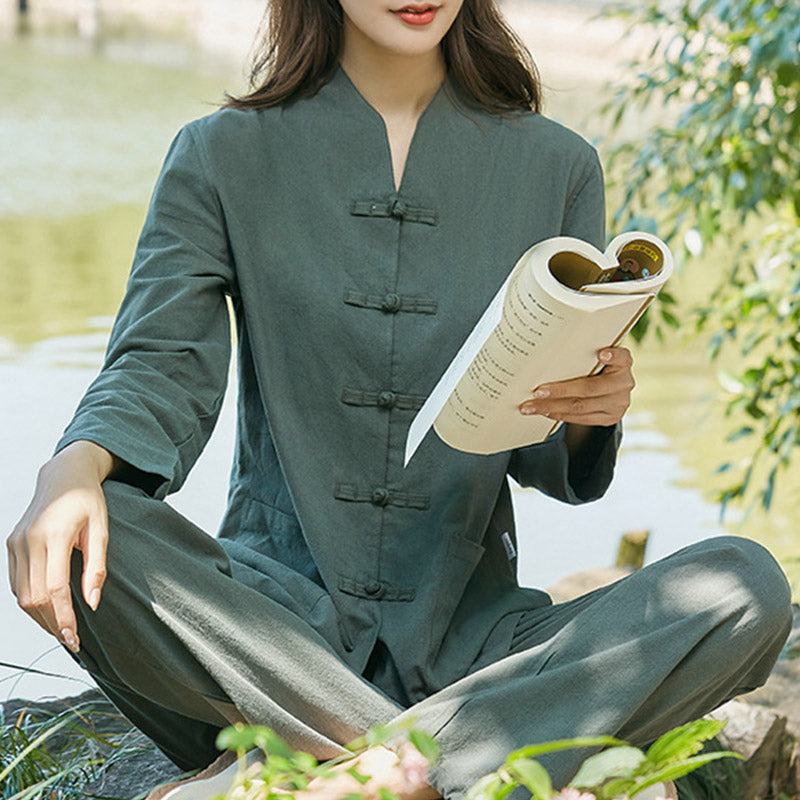 Buddha Stones Spiritual Zen Practice Yoga Meditation Prayer Uniform Cotton Linen Clothing Women's Set - Dark Green - US18，UK/AU22，EU50 (6XL) - image 1