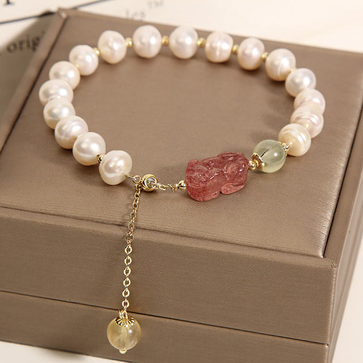 Buddha Stones Natural Pearl Strawberry Quartz PiXiu Optimism Charm Bracelet - Pearl&PiXiu Strawberry Quartz - image 0
