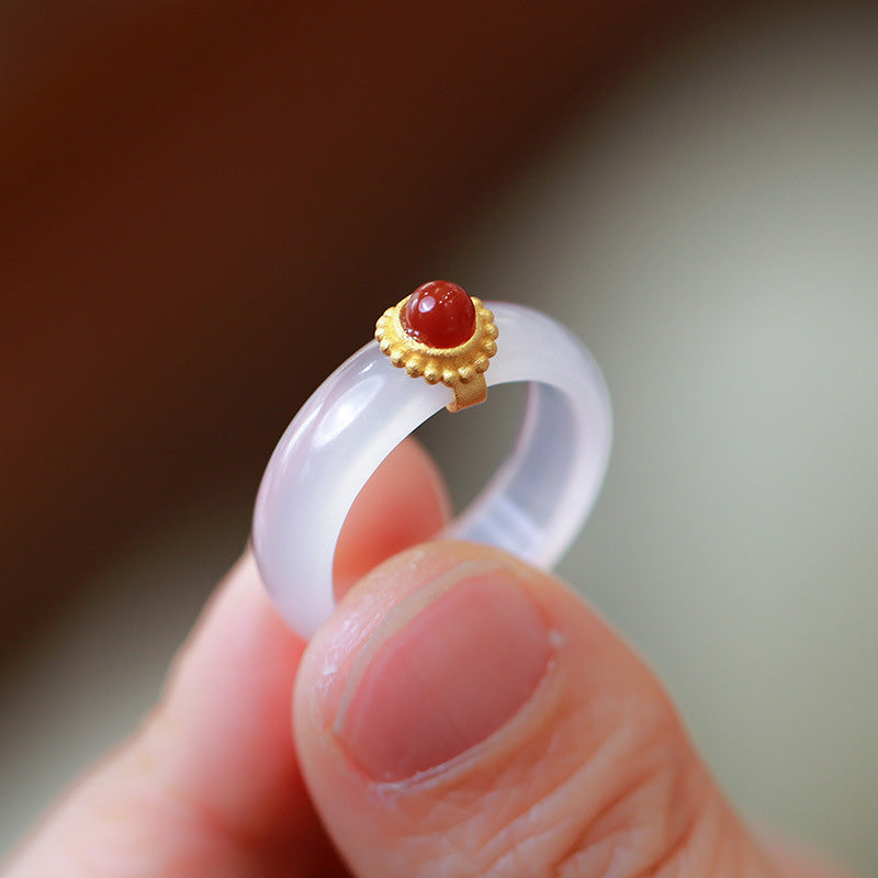 Buddha Stones White Agate Cyan Jade Turquoise Red Agate Luck Protection Ring - Red Agate - Large - image 13