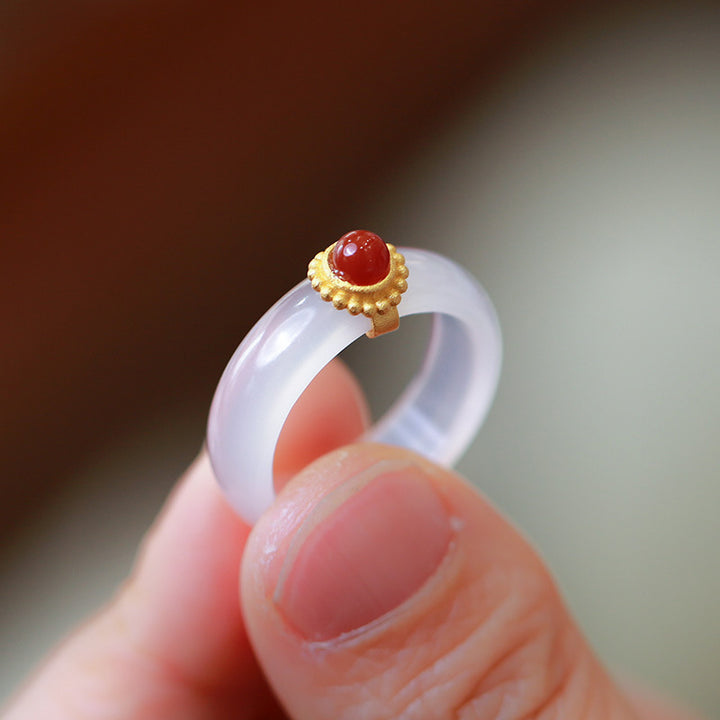 Buddha Stones White Agate Cyan Jade Turquoise Red Agate Luck Protection Ring - Red Agate - Large - image 13