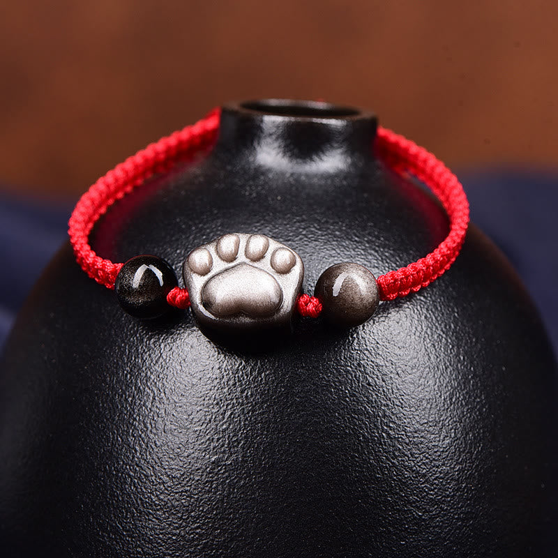Buddha Stones Natural Silver Sheen Obsidian Gold Sheen Obsidian Cute Cat Paw Claw Protection Rope Bracelet - image 2