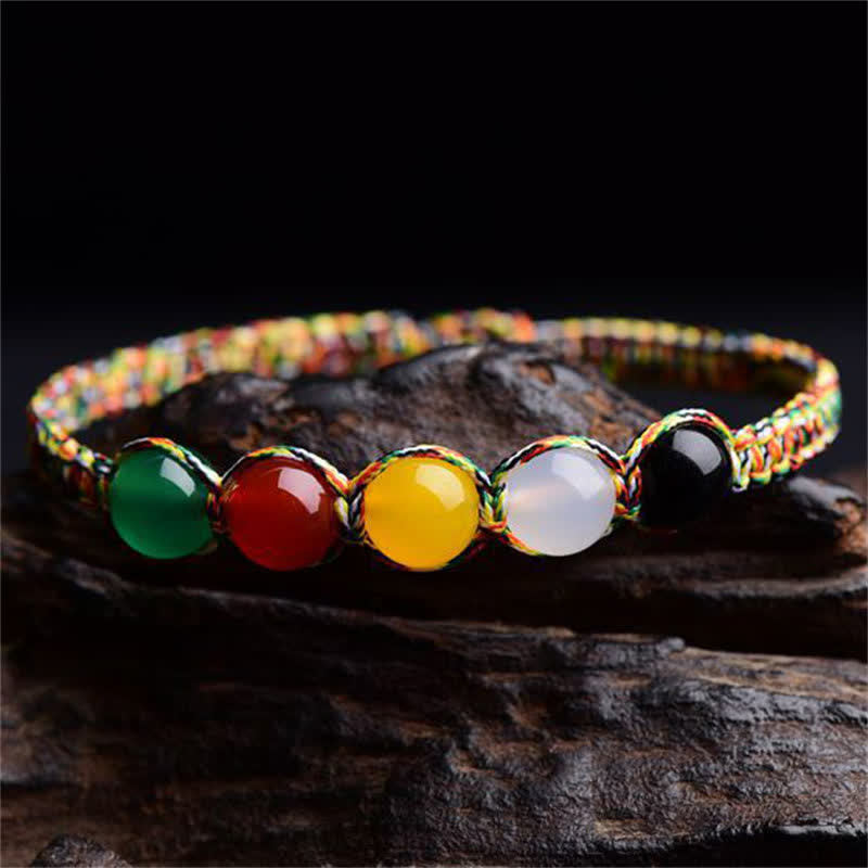 Buddha Stones Colorful Agate Metal Wood Water Fire Earth Five Elements String Bracelet - image 3