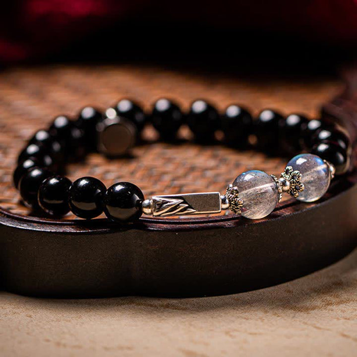 Buddha Stones 925 Sterling Silver Obsidian Moonstone Strength Couple Bracelet - image 14