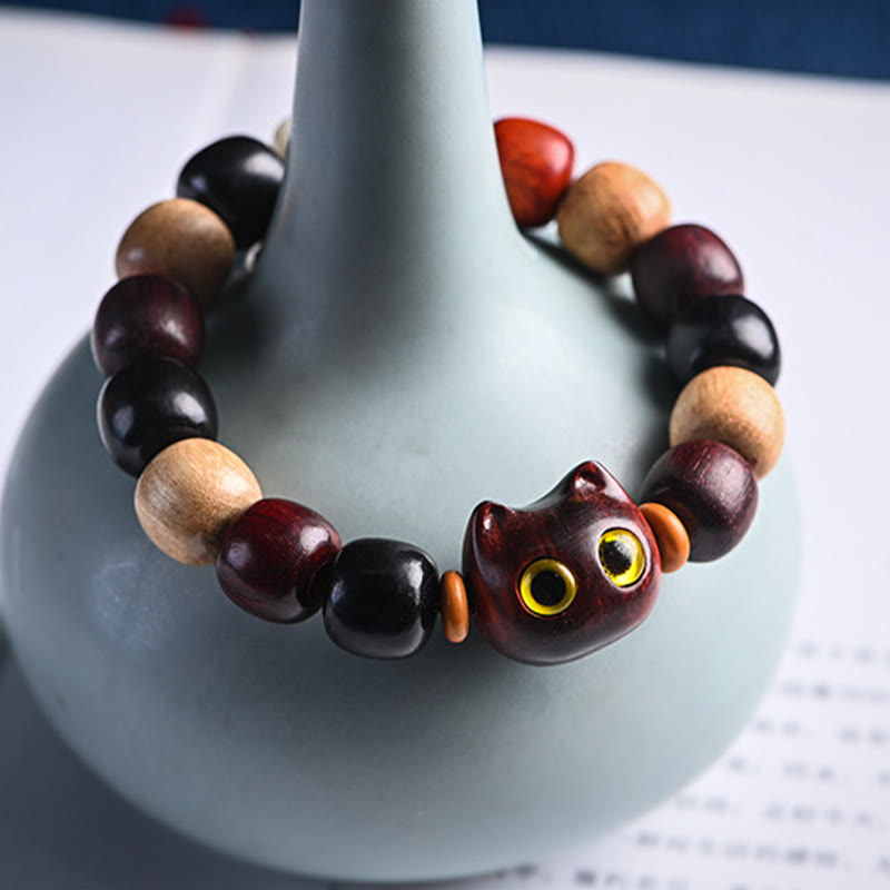 Buddha Stones Small Leaf Red Sandalwood Ebony Wood Cute Cat Engraved Protection Bracelet - image 12