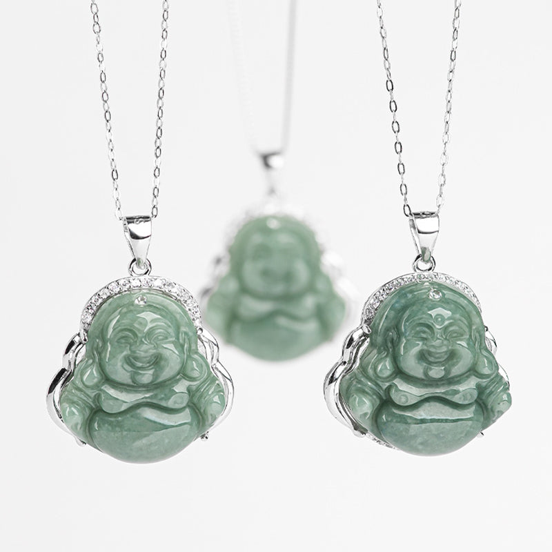 Buddha Stones Laughing Buddha Jade Abundance Necklace Titanium Steel Chain Pendant - image 10
