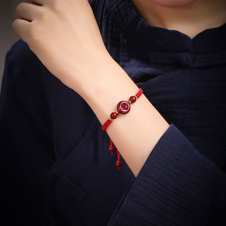 Buddha Stones Natural Cinnabar Peace Buckle Blessing String Bracelet - image 5