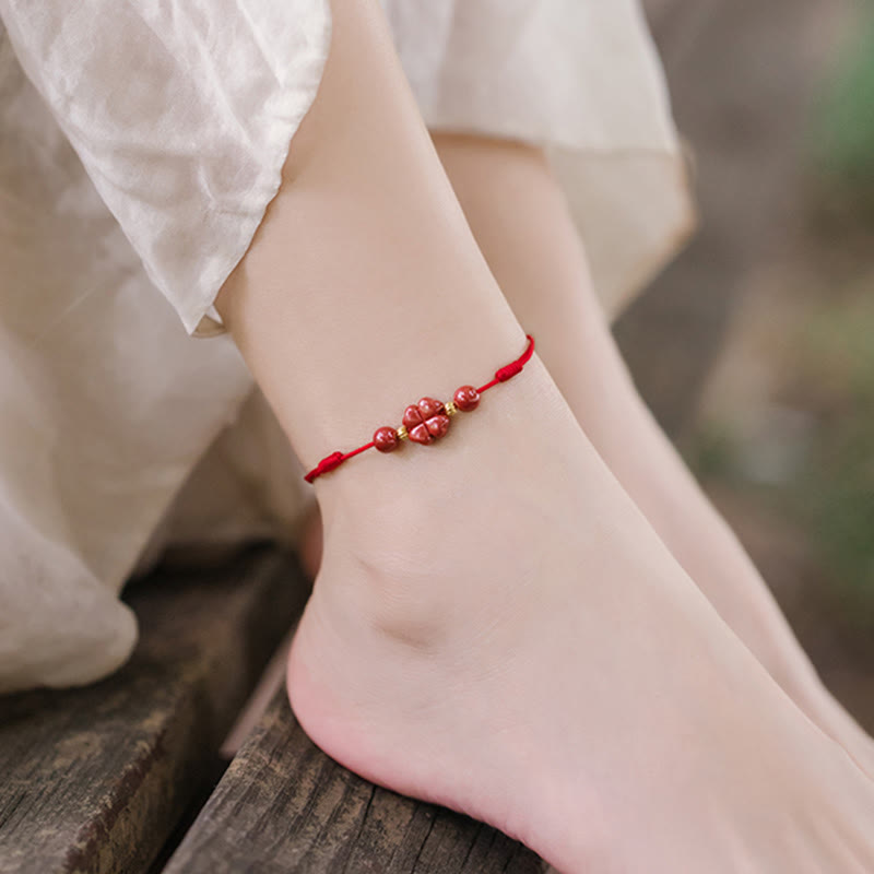 Buddha Stones Four Leaf Clover Cinnabar Blessing Calm String Bracelet Anklet - image 10