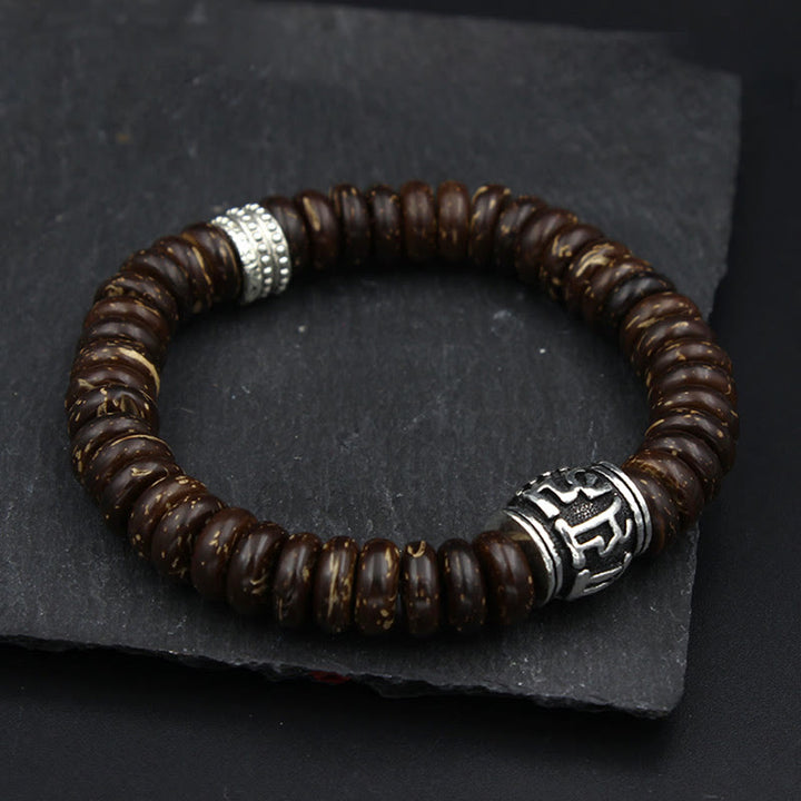 Buddha Stones Natural Tibetan Coconut Shell Om Mani Padme Hum Positive Bracelet - Brown Coconut Shell&Ancient Silver - 18-20cm - image 10