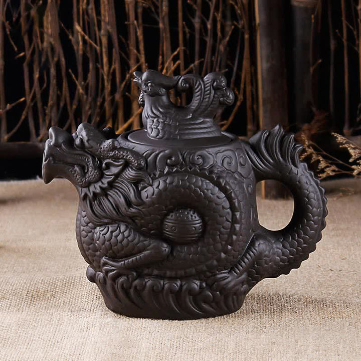 Vintage Dragon Phoenix Ceramic Teapot - Black - image 0