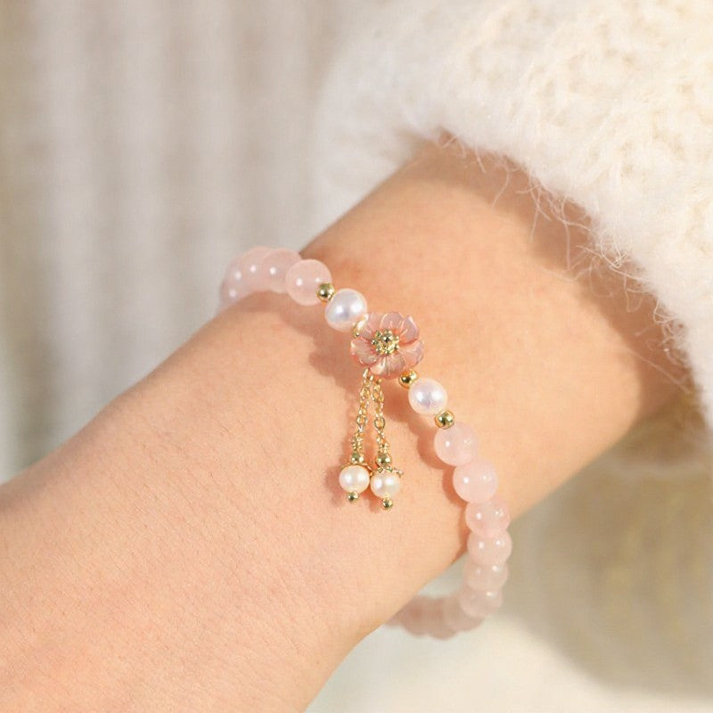 Buddha Stones Rose Quartz Pearl Flower Charm Love Bracelet - image 1
